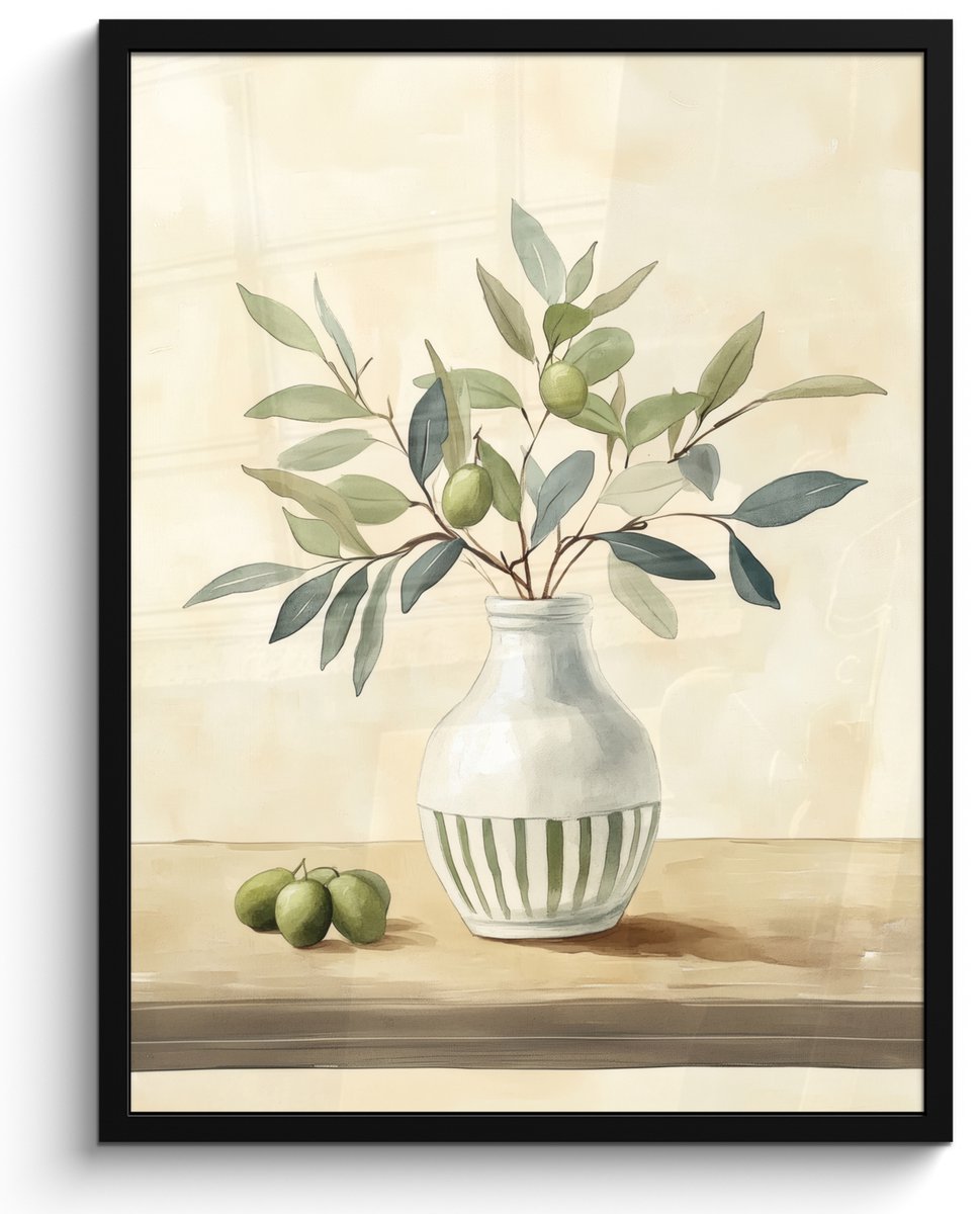 FrameYourWall Poster in lijst - Fotolijst 50x70 cm - Posters - Vaas - Keramiek - Olijftakken - Posterlijst zwart - Decoratie - Wanddecoratie woonkamer - Muurdecoratie slaapkamer Vaas - Olijftakken