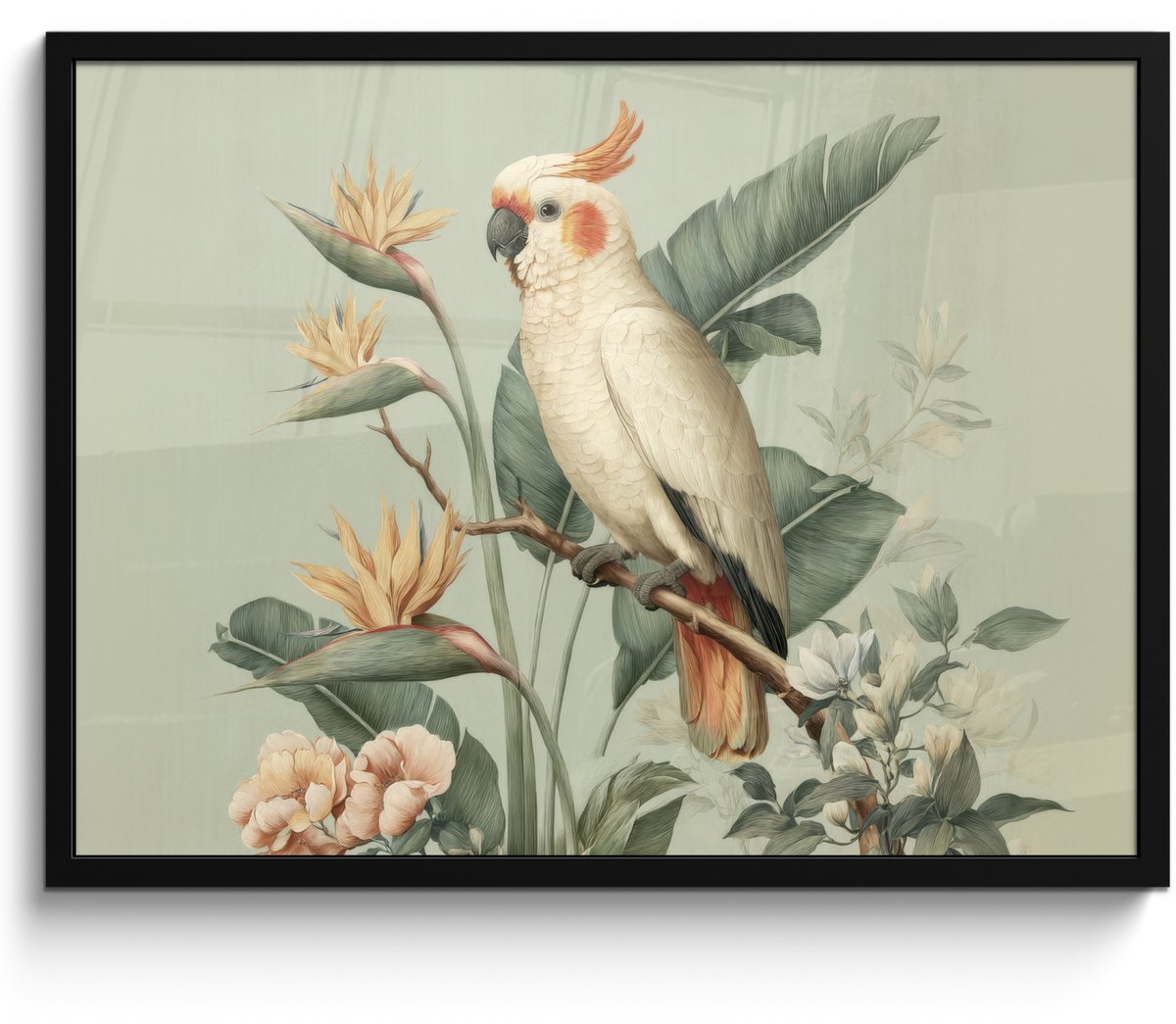 FrameYourWall Poster in lijst - Fotolijst 70x50 cm - Posters - Gele kuifkaketoe - paradijsvogelbloemen - Groen - Posterlijst zwart - Decoratie - Wanddecoratie woonkamer - Muurdecoratie slaapkamer