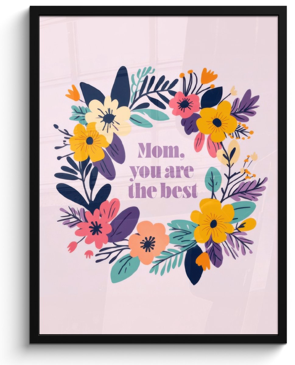 FrameYourWall Poster in lijst - Fotolijst 50x70 cm - Posters - Bloemenkrans - Kleurrijk - Moeder - Posterlijst zwart - Decoratie - Wanddecoratie woonkamer - Muurdecoratie slaapkamer Bloemenkrans - Tekst