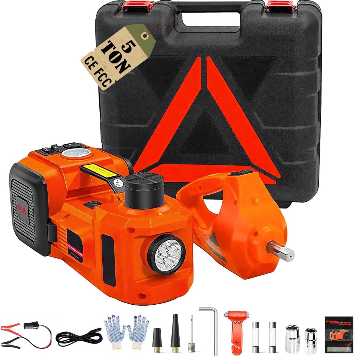 Elektrische Autokrik 5 Ton 12V Complete Set – met Slagmoersleutel 480Nm & Compressor 150 PSI – Hydraulische Wagenkrik 150-450 mm – Voor Auto, SUV, Noodreparatie