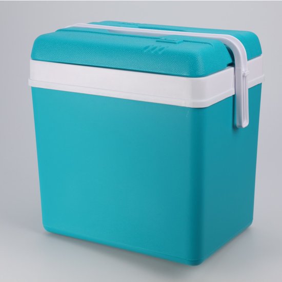 Turquoise koelbox van kunststof met witte dekselrand en handvat. Afmetingen: 24 x 34 x 32 cm.