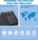 Zwarte 18W snellader met 4 poorten en wereldkaart, toont iconen voor smartphones, tablets, smart buds, laptops, actiecamera's en powerbanks.