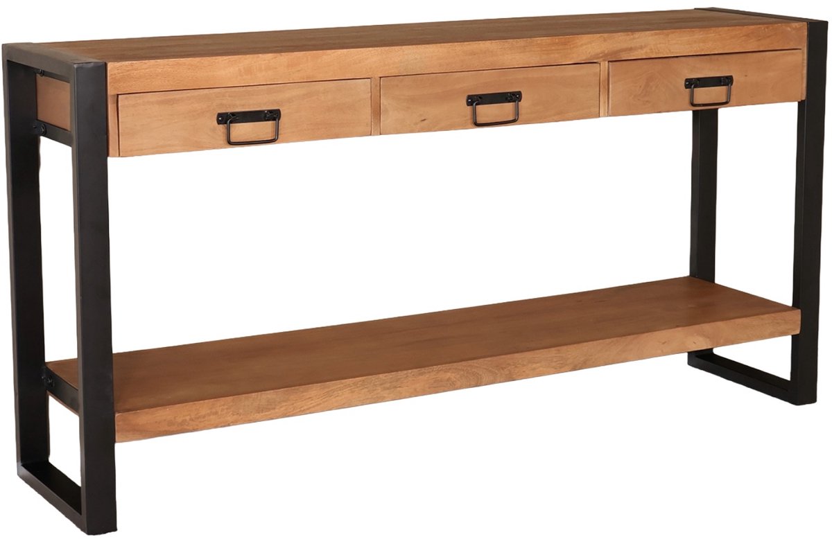 Lizzely Garden & Living Bijzettafel mangohout Vera 150cm met 3 lades industrieel duurzaam massief hout side table Bruin