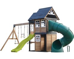 AXI Noud Speeltoestel met Speelhuis, Schommels, Trapeze, Klimwand – Met Bank – Limoen Groene Glijbaan – Met Buisglijbaan - FSC 100% hout – Speeltoestel voor de tuin / buiten