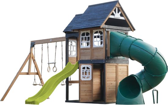 Aire de jeux AXI Noud avec maisonnette, balançoires, trapèze, mur d'escalade – Avec banc – Toboggan vert citron – Avec toboggan tubulaire - Bois FSC 100 % – Aire de jeux pour le jardin / extérieur