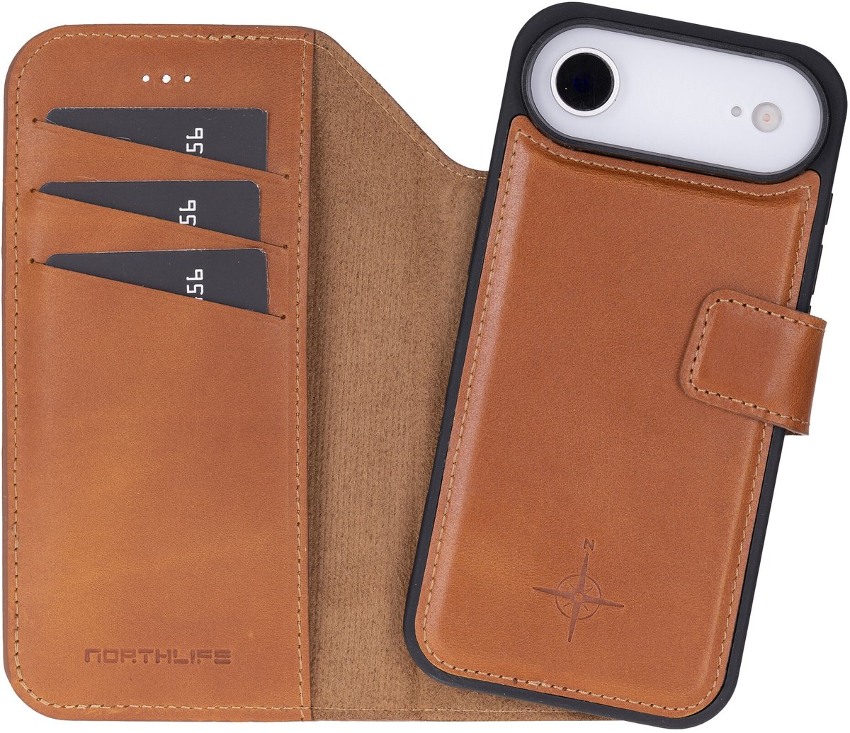 NorthLife Geschikt voor iPhone 17 Air - Leren Afneembare 2-in-1 bookcase telefoonhoes - Cognac