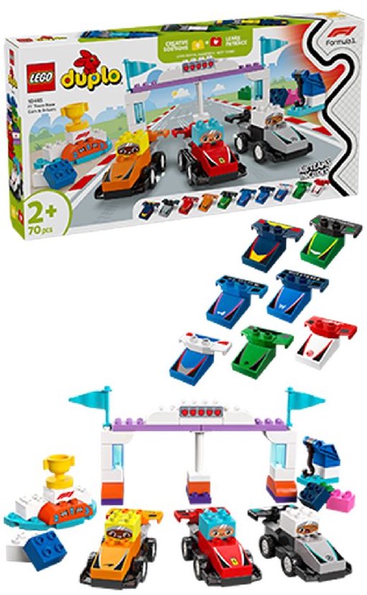 Set LEGO Duplo F1 voitures et pilotes de course, incluant une piste et des voitures séparées.