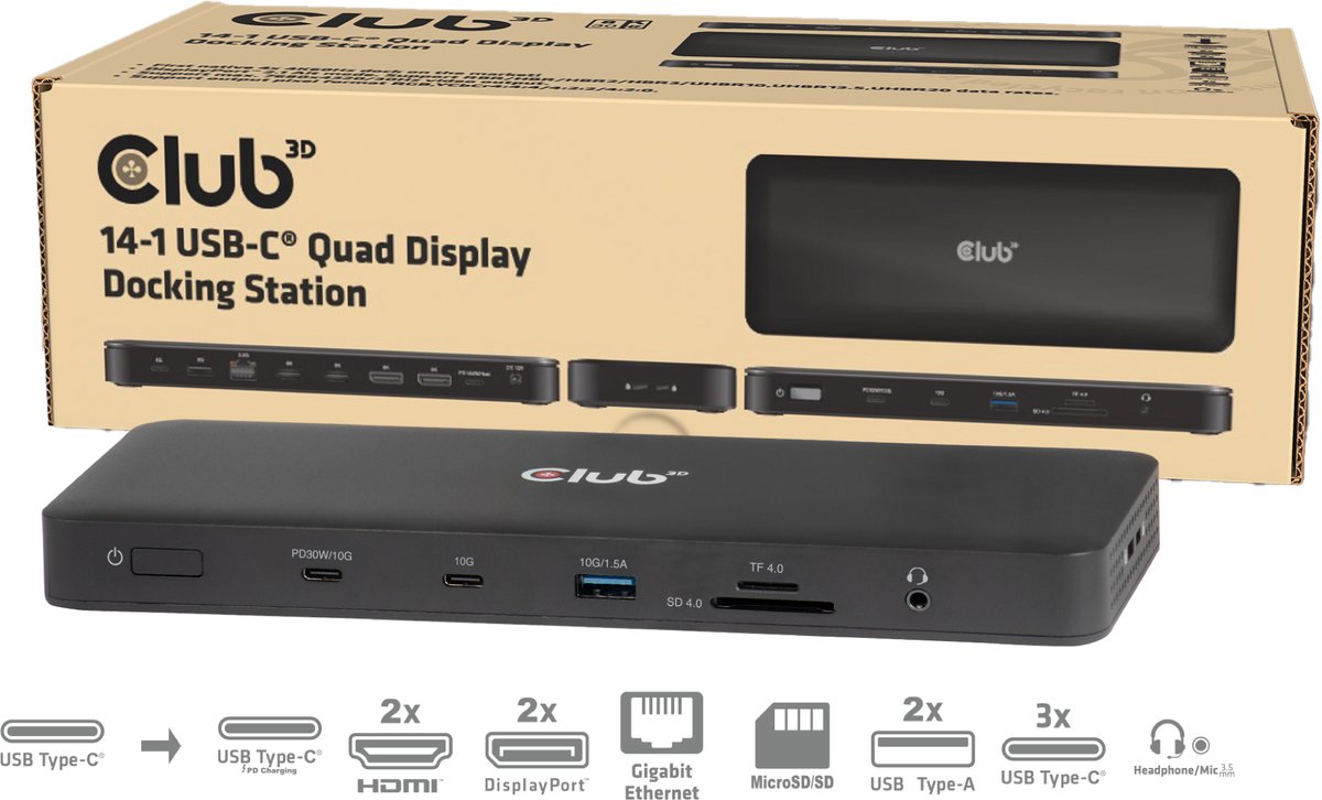 Club 3D Club 3D 14-in-1 USB-C® Quad Display Dockingstation – 4 Schermen & 100W Snelladen