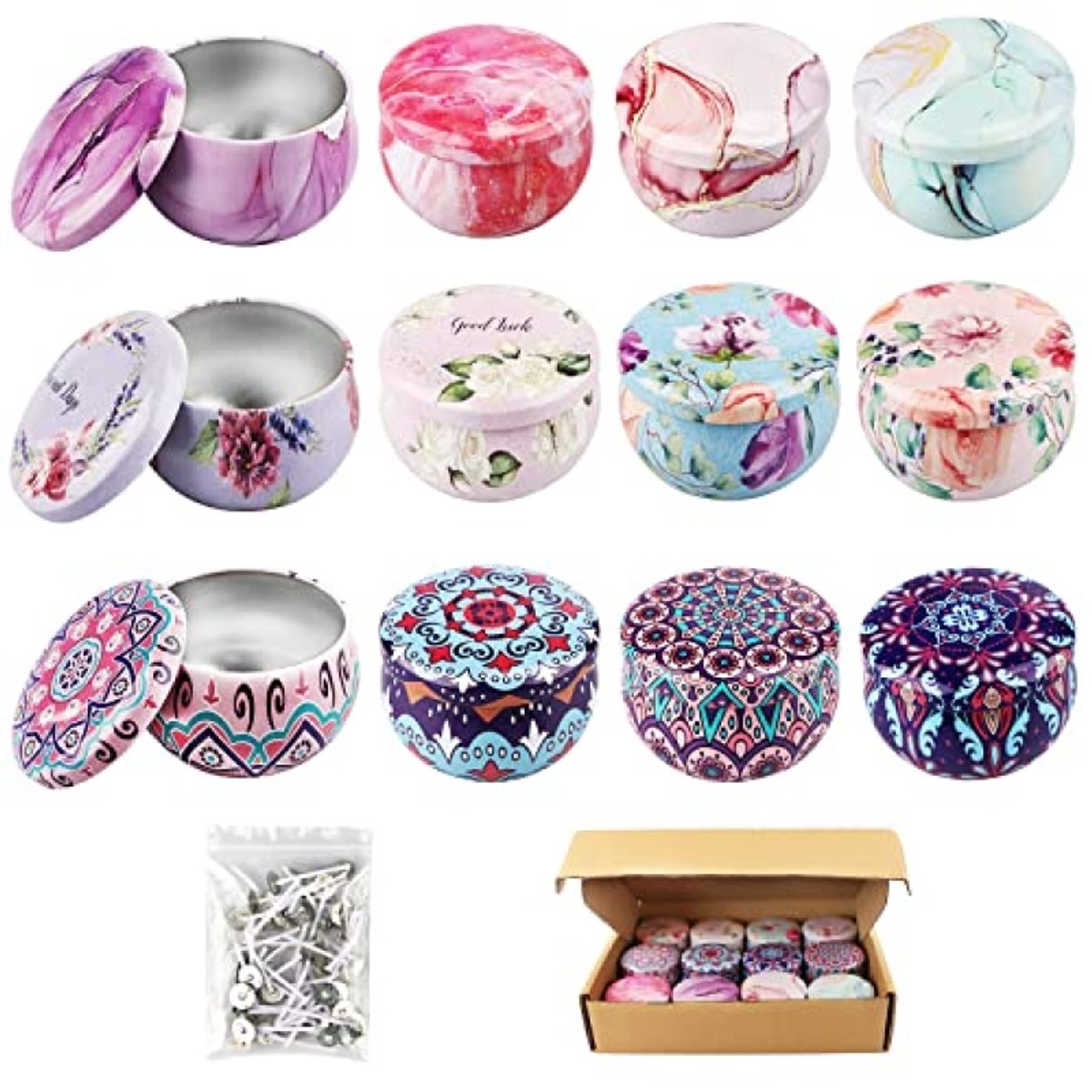 Complete kaarsenmaakset met 12 decoratieve blikjes en 50 lonten