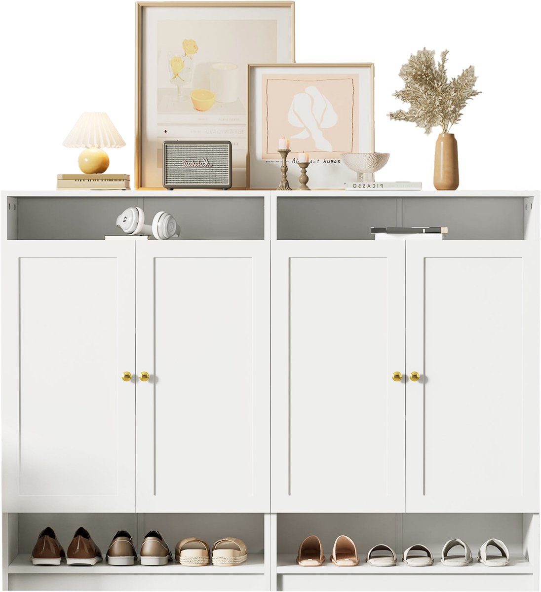 Wishdor - Schoenenkast - Verstelbare Planken En Open Vakken - Klassiek - Spaanplaat - Wit - 146 X 34 X 109 Cm