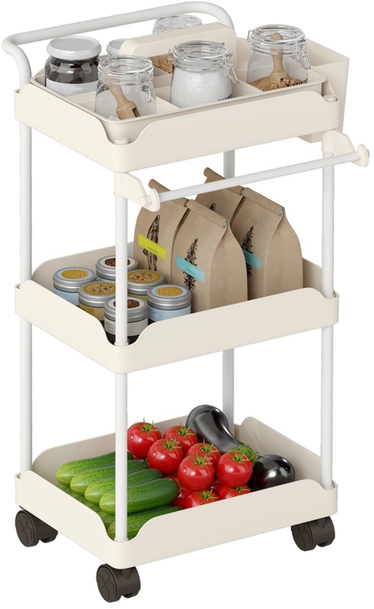 Daity Opbergwagen, 3 manden, handdoekrek, wielen, handvat, metalen frame, wit