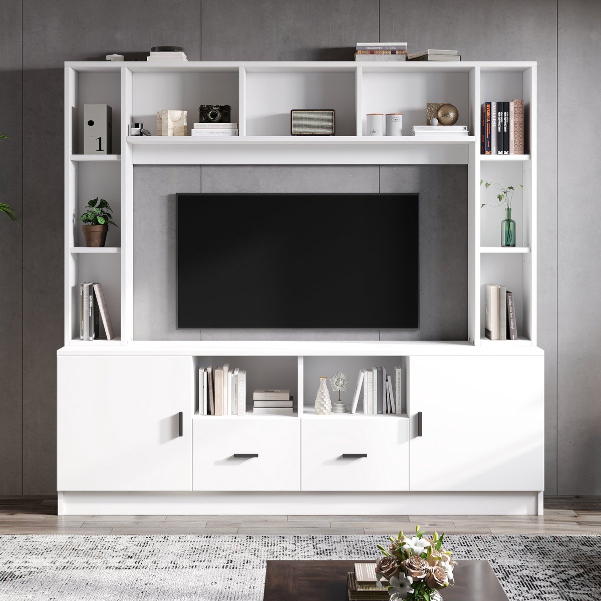 REDOM TV-Meubelset Met 2 Kasten En 2 Laden - Modern - Woonkamer - Spaanplaat - Wit - 180 x 35 x 170 cm