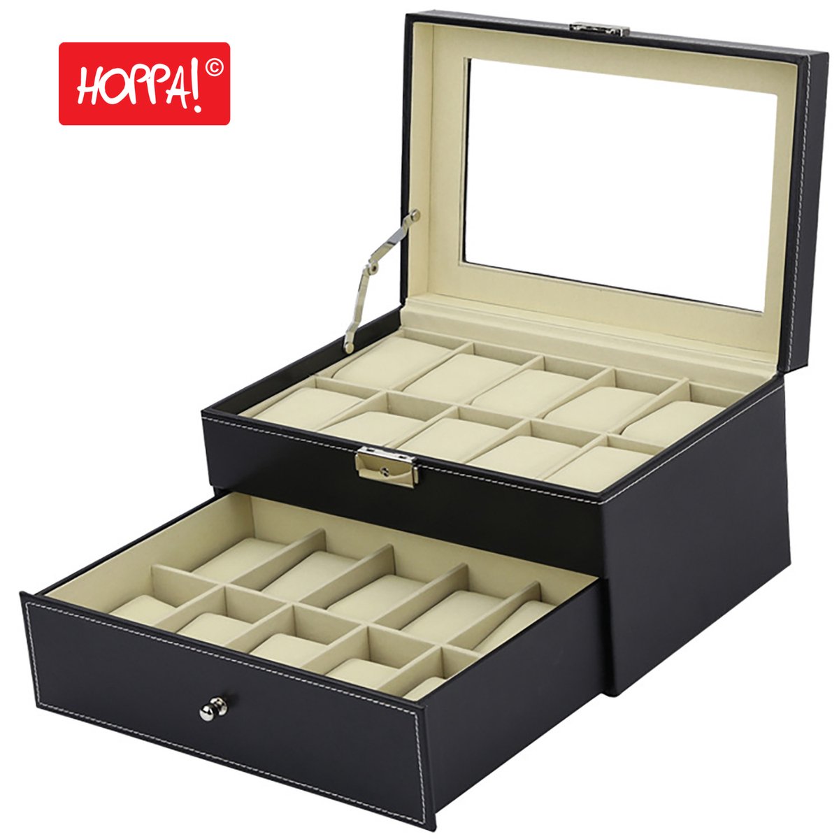 Hoppa! | Horloge Opbergdoos | 2 Lagen | Zwart | Flanel