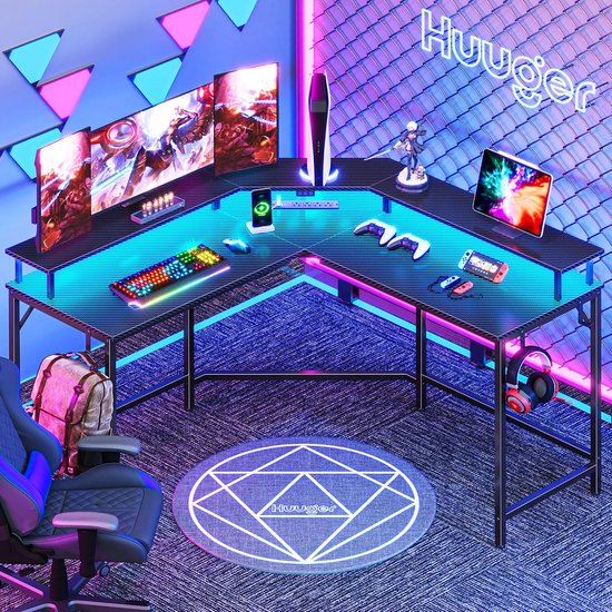 L-vormig Gamingbureau met Stopcontacten, USB en LED Verlichting - Hoekbureau met Monitorplank — afbeelding 5