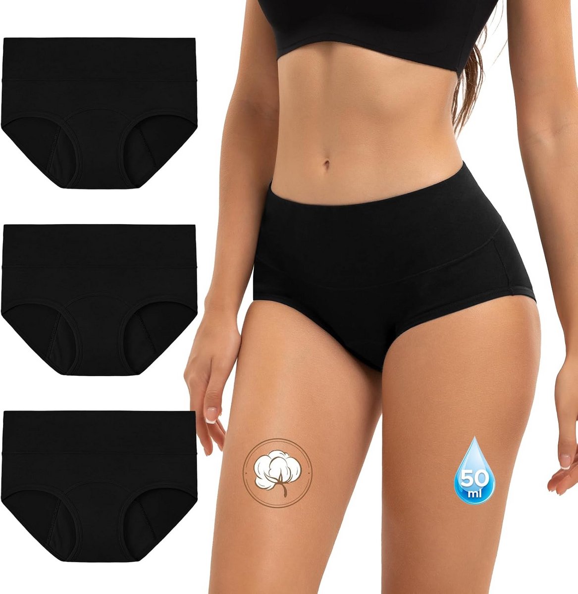 3x Duurzame Katoenen Menstruatieonderbroeken Hoge Taille voor Dames - Absorberend en Lekdicht