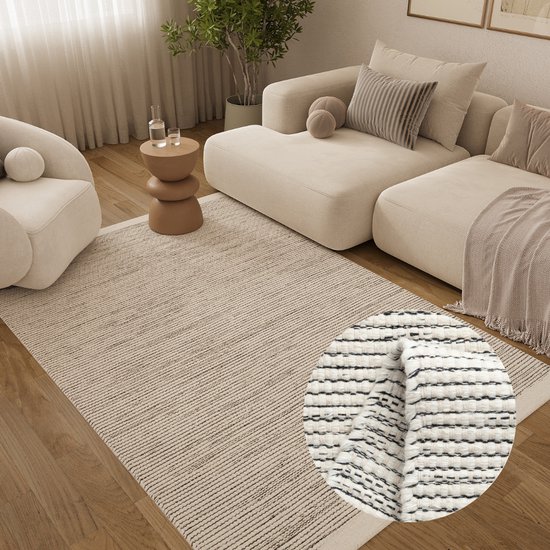 Tapiso Loni Tapis en Laine – Tapis en Laine Tissé à la Main pour Salle à Manger, Salon et Chambre à Coucher – Beige – Moderne & Doux 200x300