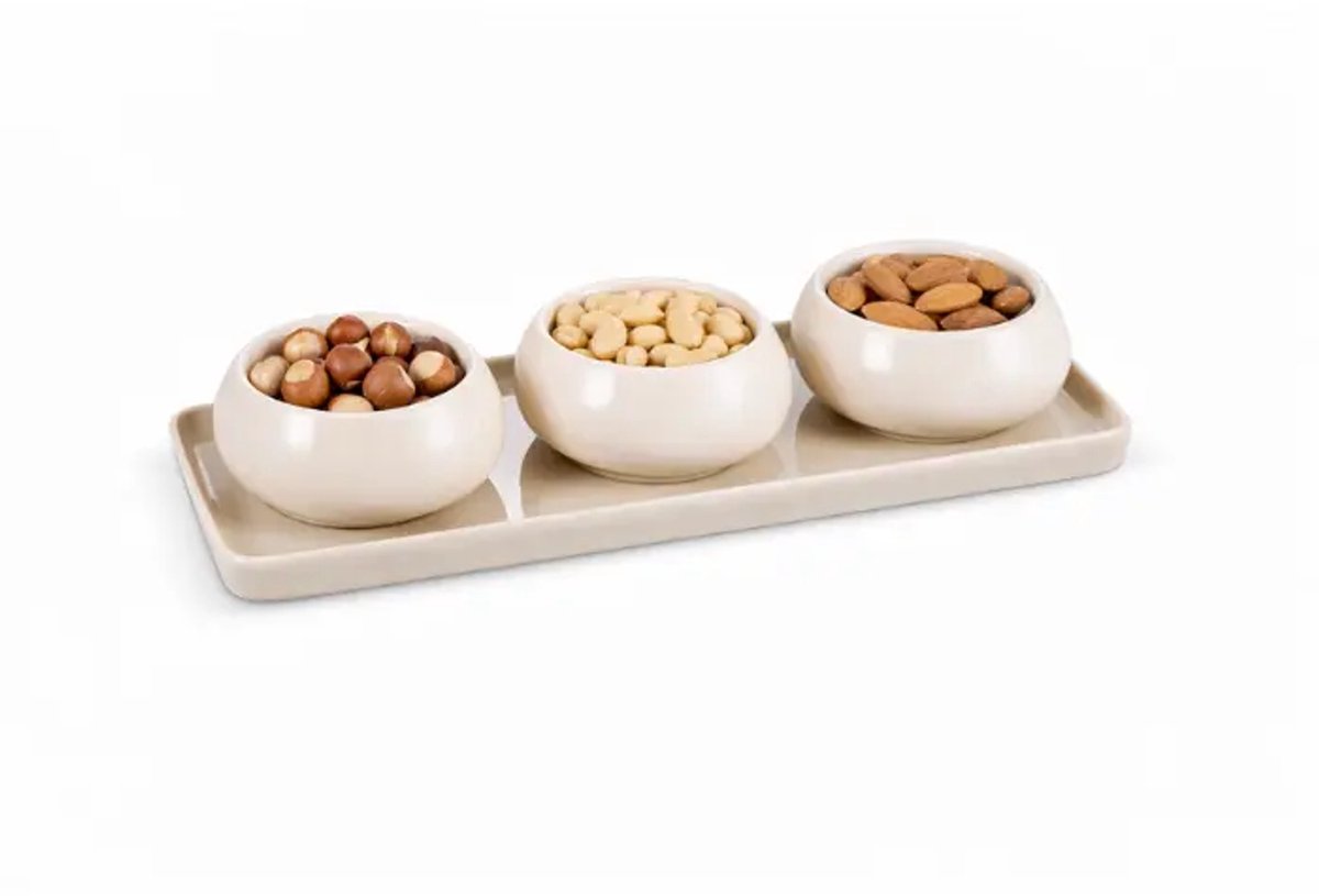 Cosmo Serveerset –Beige- 3-delige Sauskom Set met Dienblad