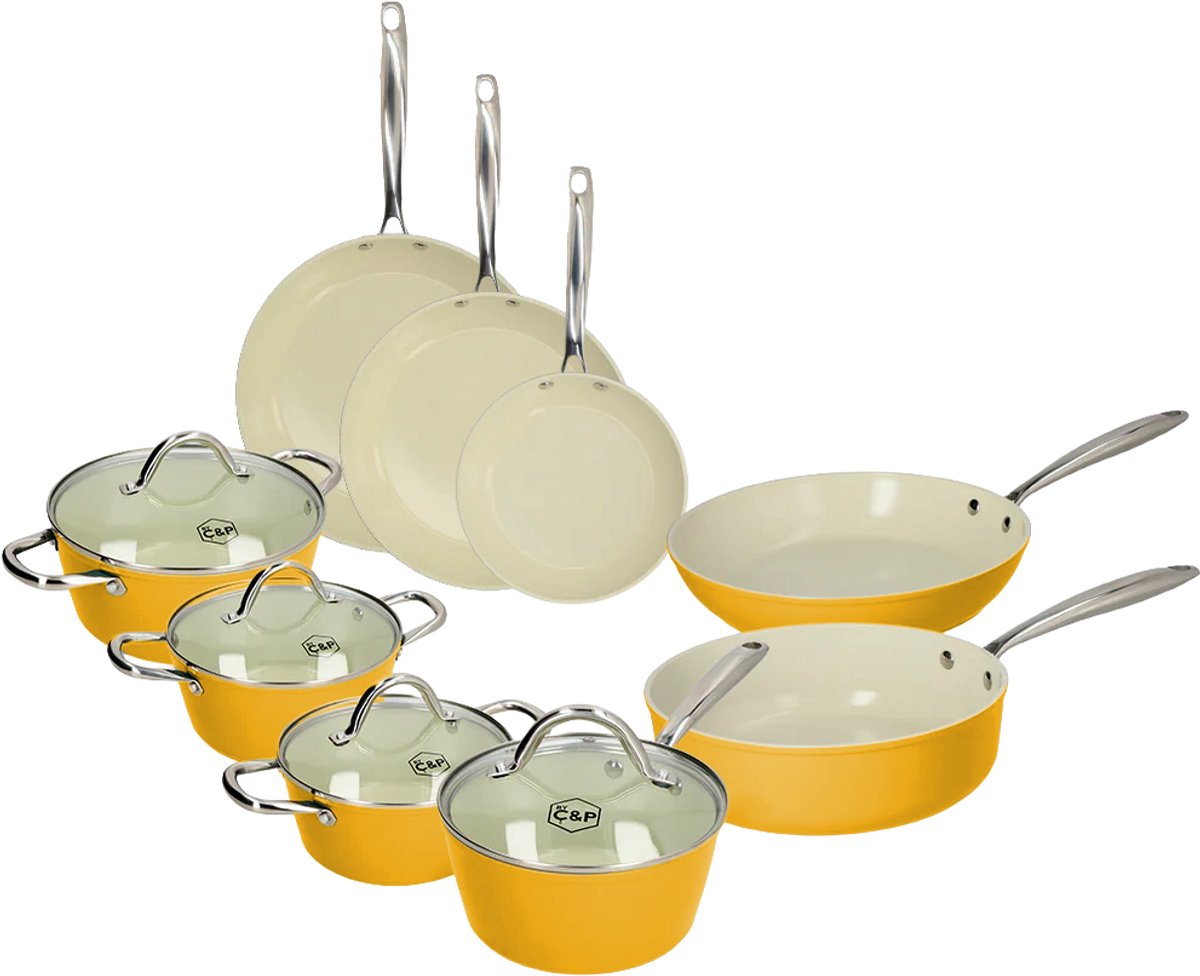 Cook & Pan 9-Delige Pannenset Sunny Side Geel - PFAS vrij - Alle Warmtebronnen - Pannen Set met 7 jaar Garantie - Krasbestendige Anti Aanbaklaag - Vaatwasserbestendig - Gas, Inductie, Elektrisch, Oven - Koekenpan, Wokpan, Steelpan, Hapjespan, Kookpot – foto 5