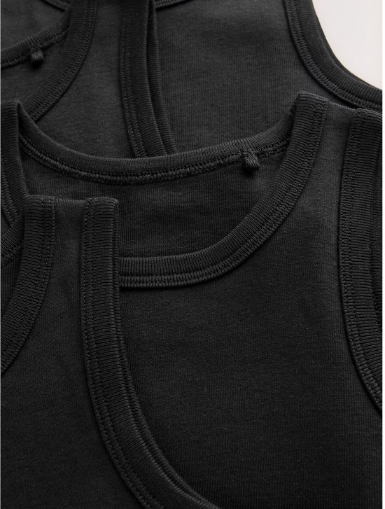 Close-up van de ronde hals en gestikte zomen van zwarte singlets.
