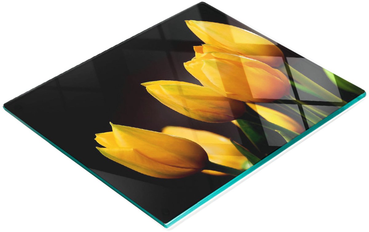 Multifunctionele decoratieve glazen snijplank voor de keuken met gele tulpen, 60x52 cm