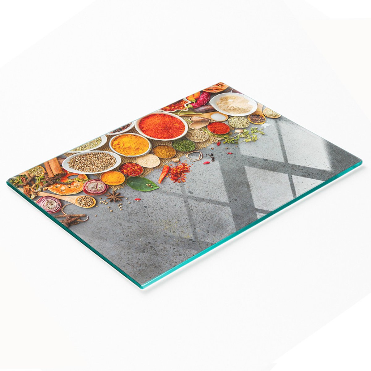 Glazen serveerplank voor in de keuken met grafische kruidenmix, 80x52 cm