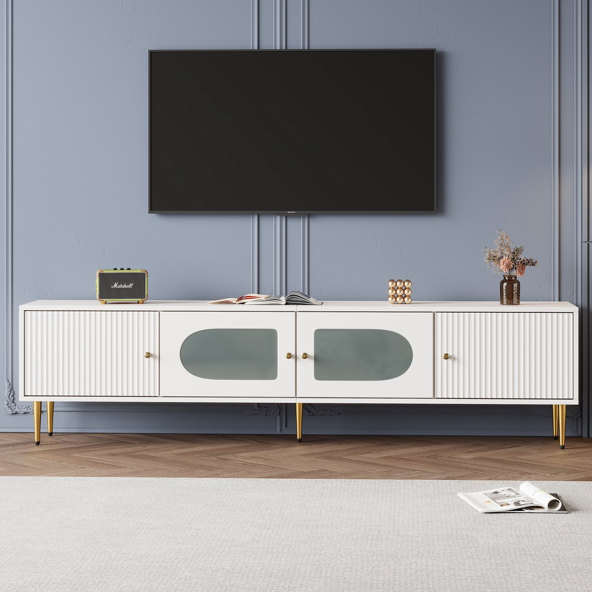 MODFU - Tv-Meubel - 4 Deuren Met Ribbelstructuur En Boogglas - Modern - Voor Woonkamer - Spaanplaat - Wit - 170 X 35 X 50 Cm