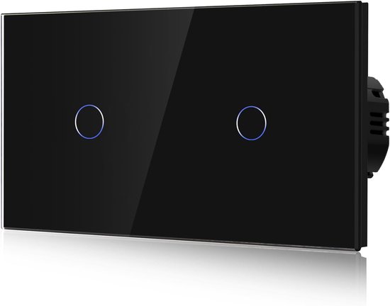 Zwarte dubbele touchschakelaar met blauwe LED-ringen, gemonteerd aan de muur.