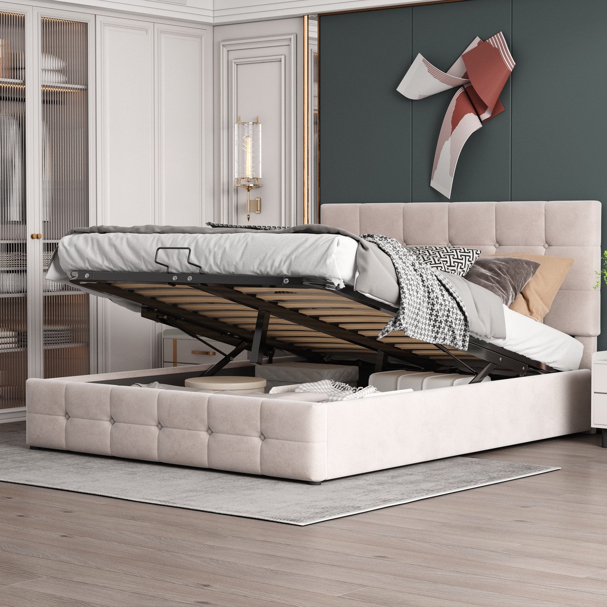 REDOM Stapelbed – 90x200 cm – Met ladder & kast – Hout & MDF – Wit & Naturel Crème wit