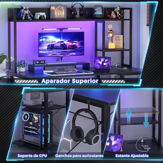 Gaming bureau met opzetstuk, monitorstandaard en opbergvakken, 120 cm computertafel met LED van Merkloos — afbeelding 4