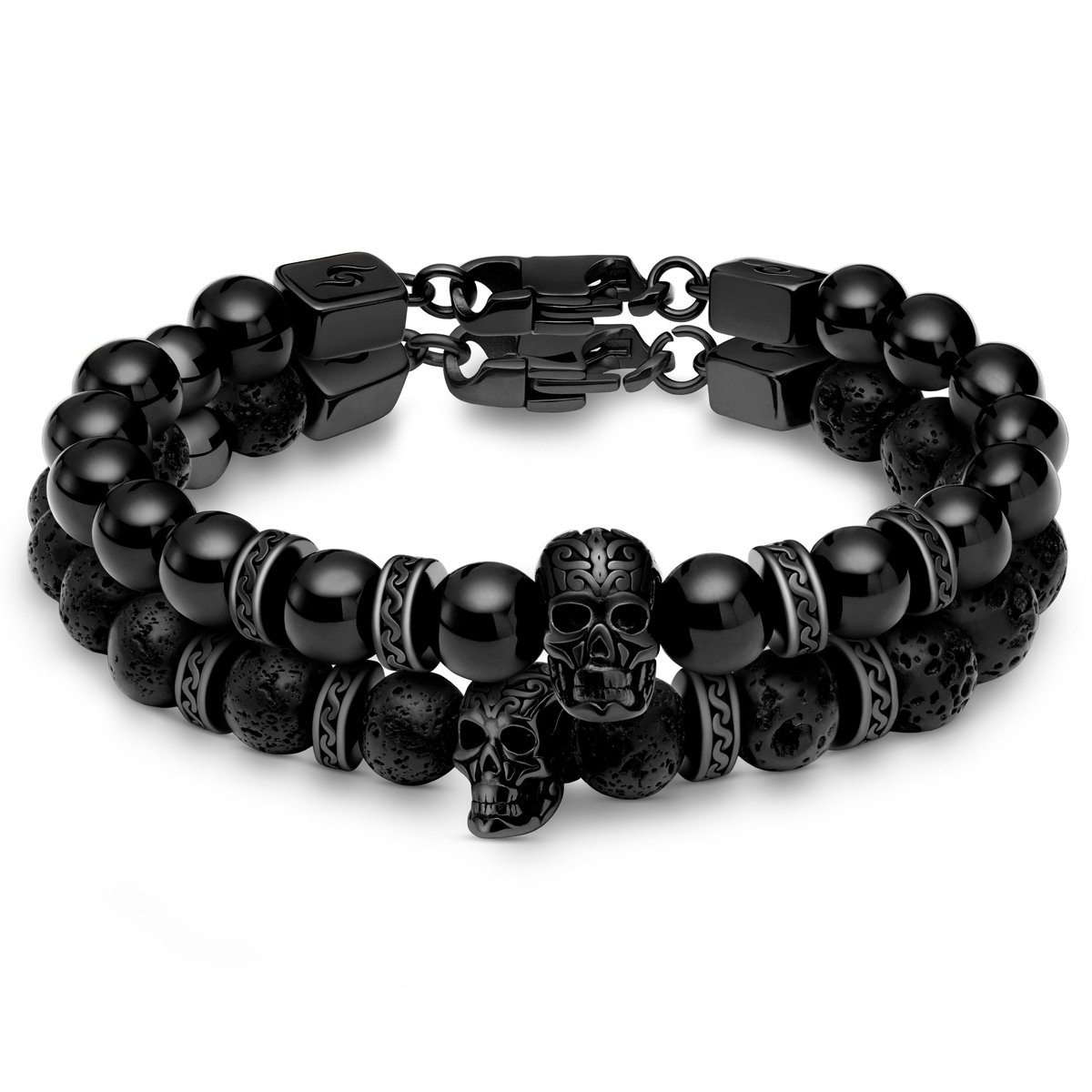 Rico Zwarte Schedelarmbanden van Lavasteen en Onyx