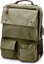 Compacte rugzak van legergroen canvas en bruin leer