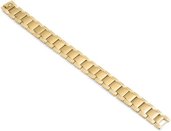 Goudkleurige schakelarmband met decoratieve stippen op de randen van de vlakke schakels.