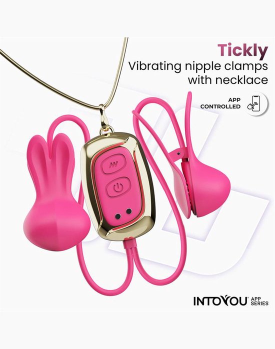 Roze, app-gestuurde, vibrerende tepelklemmen met ketting