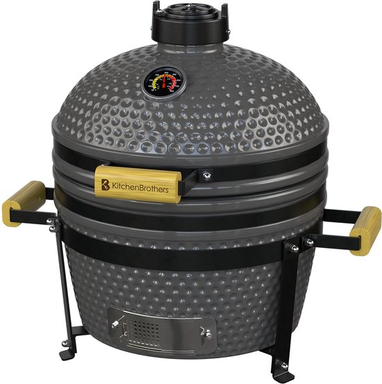 KitchenBrothers Kamado BBQ - 16 Inch Houtskool Barbecue - 34⌀ cm - PFAS-vrij - Deluxe Set - Egg BBQ met Accessoires - Vaderdag Cadeau - Grijs