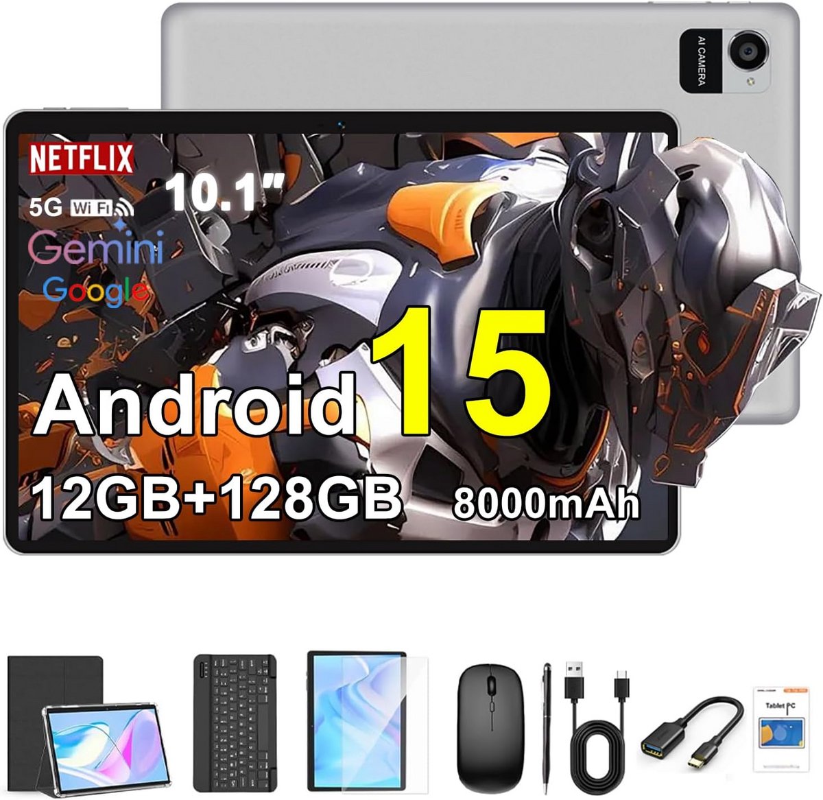 Android Tablet 10,1 inch met Toetsenbord, Muis en Stylus, Wifi, 12GB/128GB Opslag