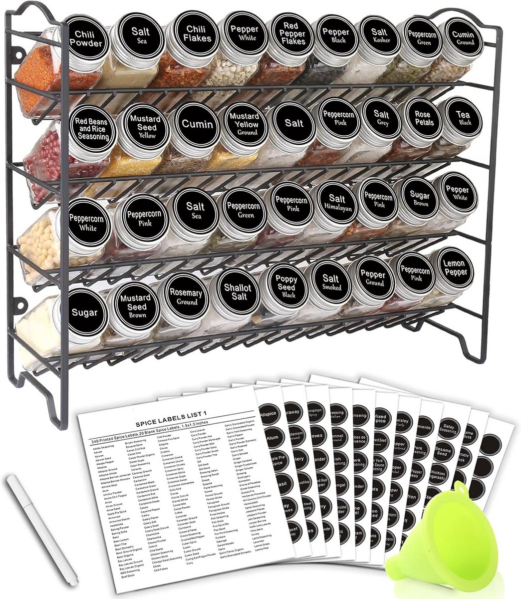 Complete Kruidenrek Set met 36 Vierkante Glazen Potjes, Etiketten en Vulhulp