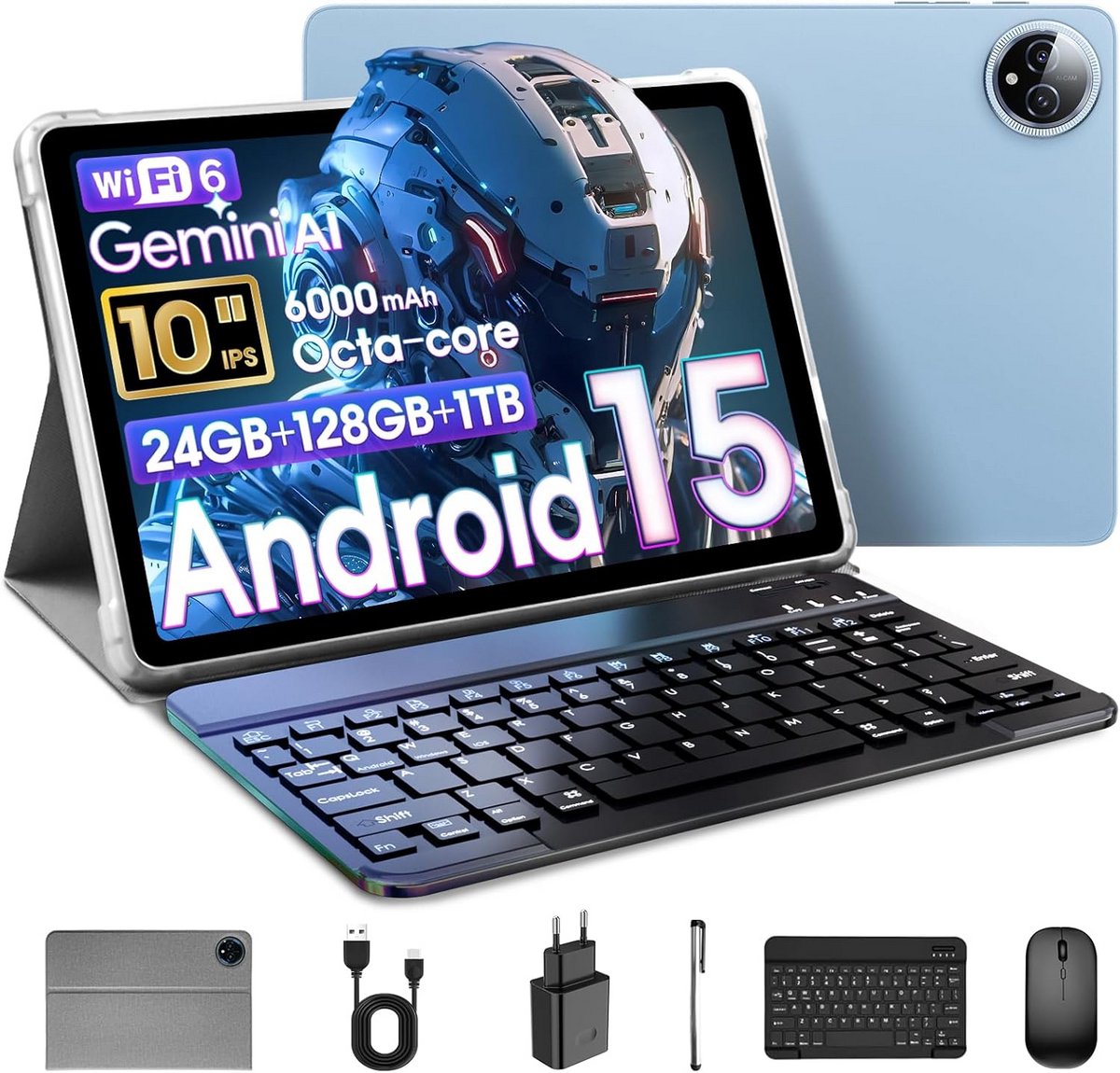 Android 15 Tablet 10 Inch met 24GB RAM en 128GB Opslag, Octa-core en WiFi 6