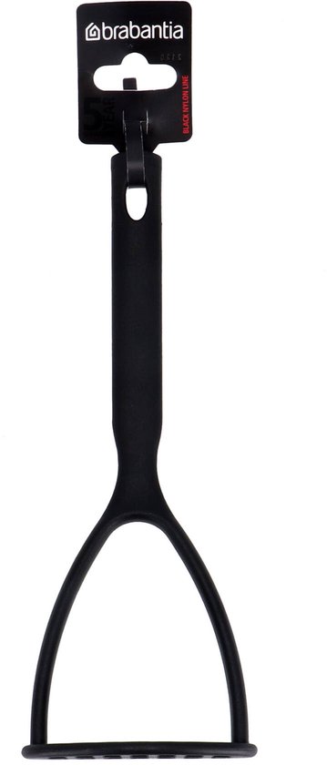 Écrase-pommes de terre Brabantia avec un manche et un piston noirs. Le piston est ovale avec un motif à carreaux.