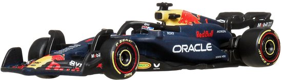 Voiture de course F1 Hot Wheels Oracle Red Bull Racing RB20, bleu foncé, rouge et jaune, sur fond blanc.