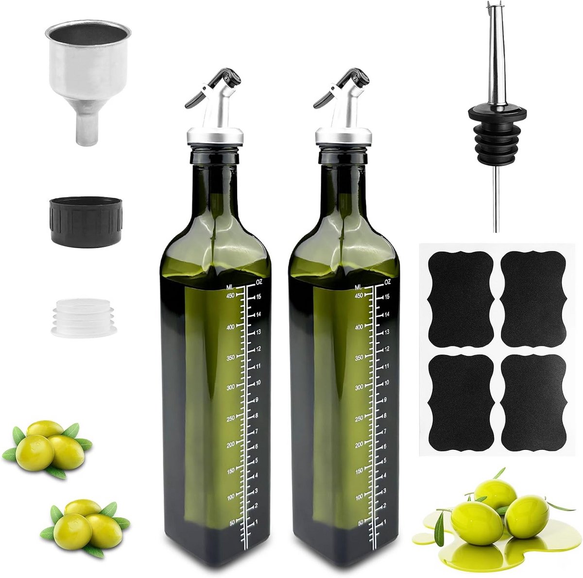 Glazen Oliefles Dispenser 500 ml met Schenktuit en Trechter voor Keuken