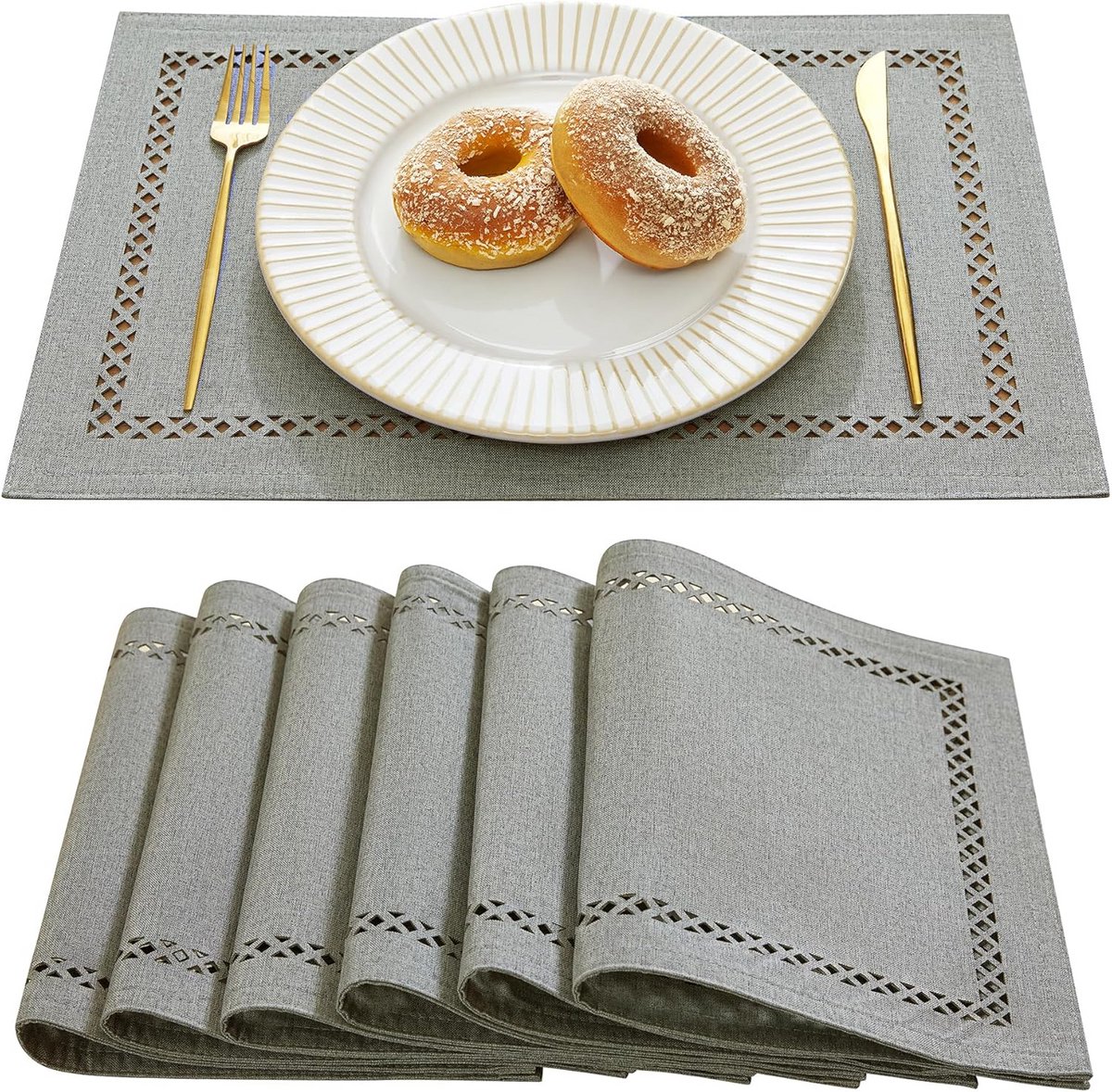 Set van 6 Linnenlook Placemats met Landelijk Patroon - Wasbaar Grijs