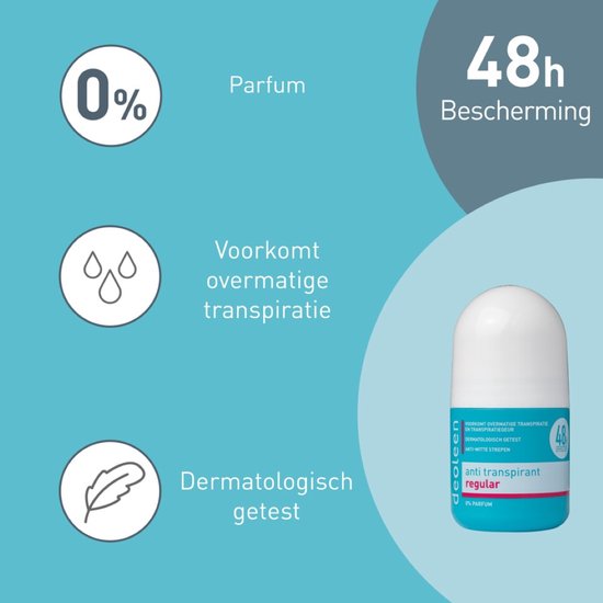 Deoleen Anti-transpirant - Roller Regular - Voorkomt overmatige transpiratie en transpiratiegeur - 48 uur effectief - 0% parfum - Dermatologisch getest - Deodorant - 50 ml