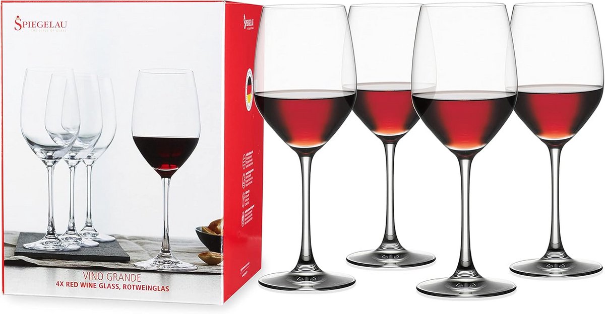 Set van 4 Grote Rode Wijnglazen Kristal - Elegant en Vaatwasmachinebestendig