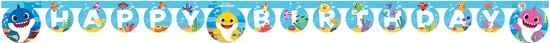 Blauwe babyslange slinger met 'Happy Birthday' in witte letters, omringd door Baby Shark karakters en onderwaterdecoratie.