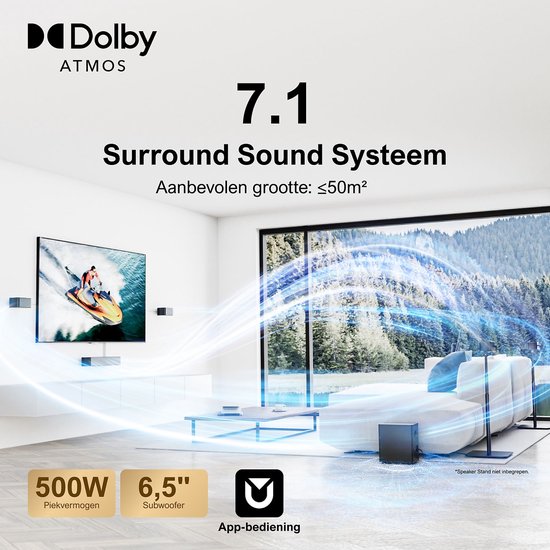 7.1 surround sound systeem met 500W piekvermogen en 6,5" subwoofer. Aanbevolen voor ruimtes tot 50m². App-bediening.
