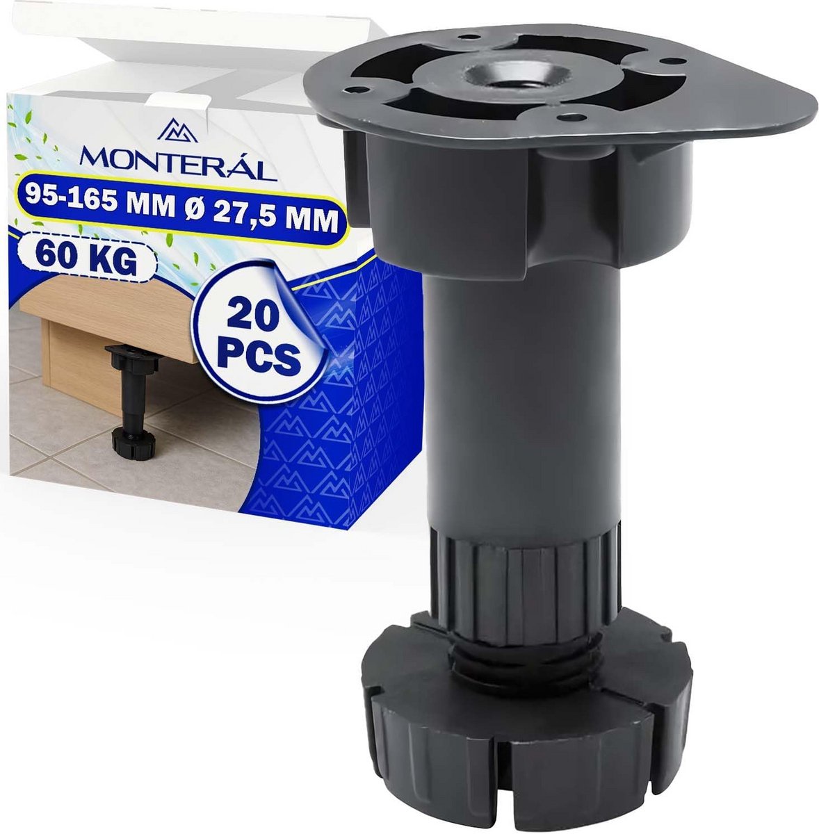Zwarte Verstelbare Kunststof Meubelpoten (Set van 20), 95-165 mm Hoogte