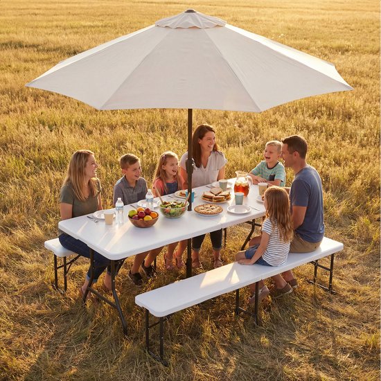 LifeGoods Inklapbare Picknickset - 180cm x 74cm - Tuintafel met 2 Banken - Weerbestendig - Campingtafel - Biertafel Opklapbaar - Voor Binnen en Buiten - Voor 6 tot 8 Personen - Wit van Merkloos — afbeelding 5