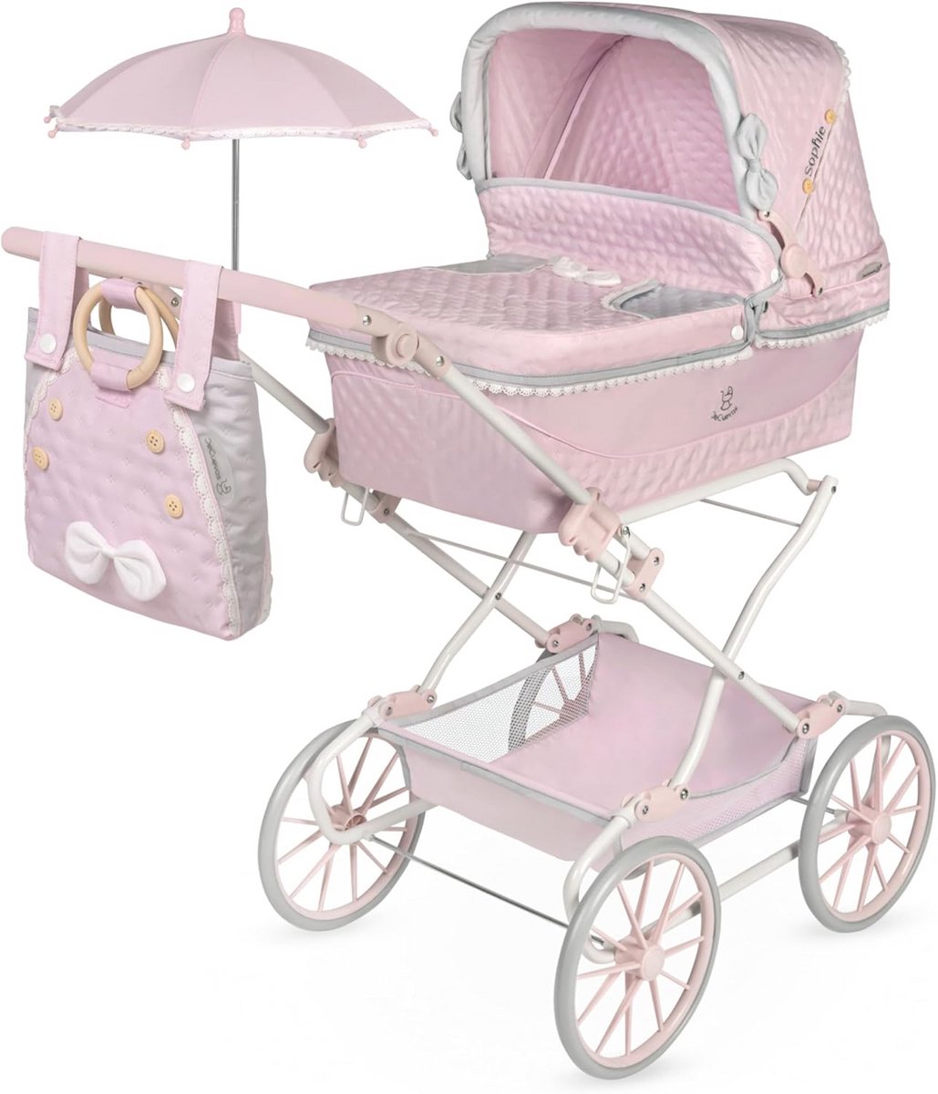 Opvouwbare poppenwagen met parasol en tas