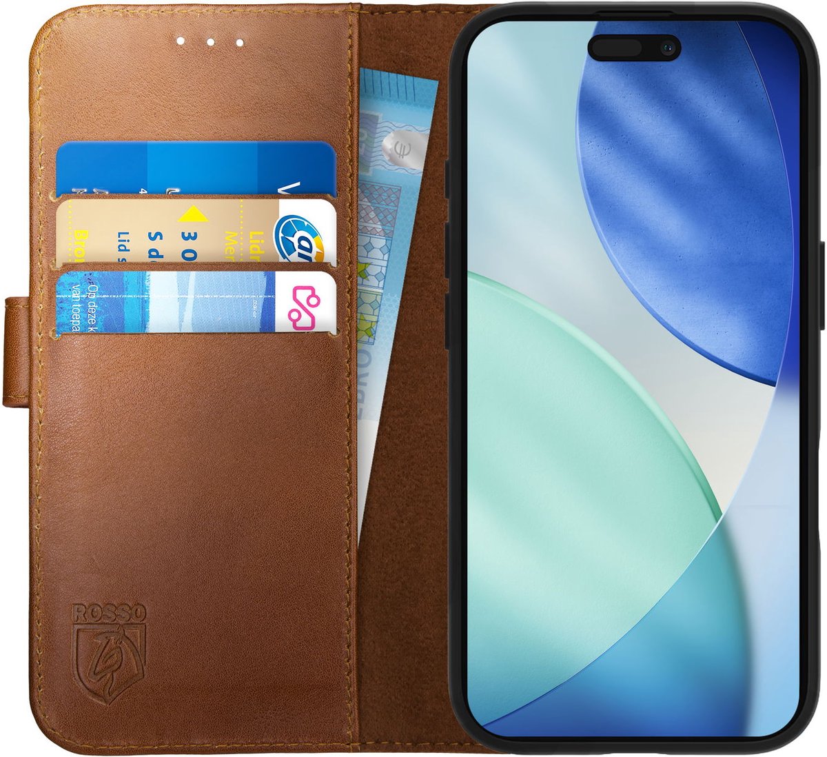Rosso Deluxe Echt Leer Hoesje Geschikt voor Apple iPhone 17 | Ruimte voor drie pasjes | Portemonnee Book Case | Met Pasjeshouder | Bruin