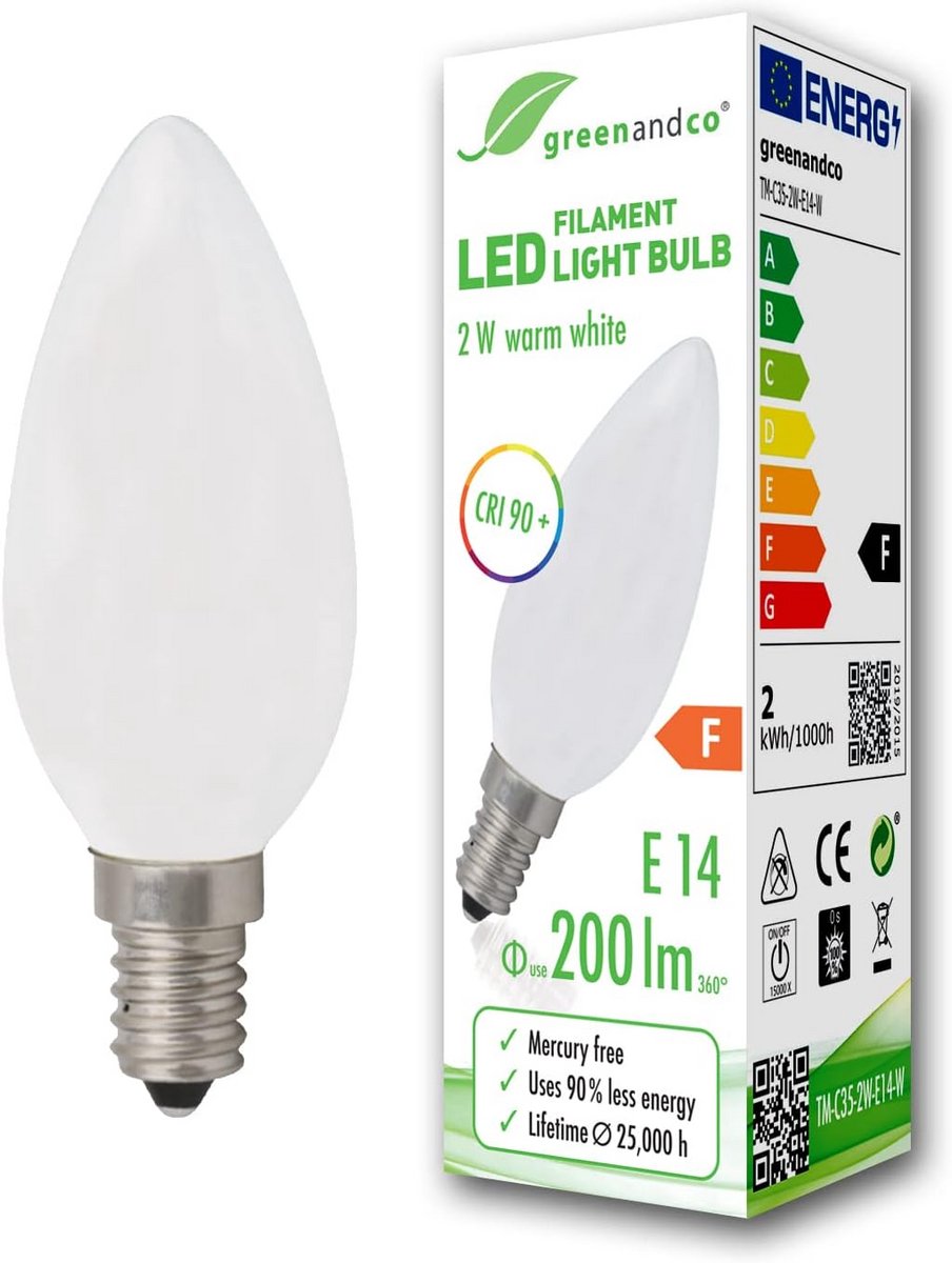 LED Filament Kaarslamp E14 2W Vervangt 20W Warm Wit 2700K Hoge Kleurweergave CRI90+